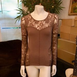 SOLD Free People Brown Lace Appliqué Long Sleeve Tee SP